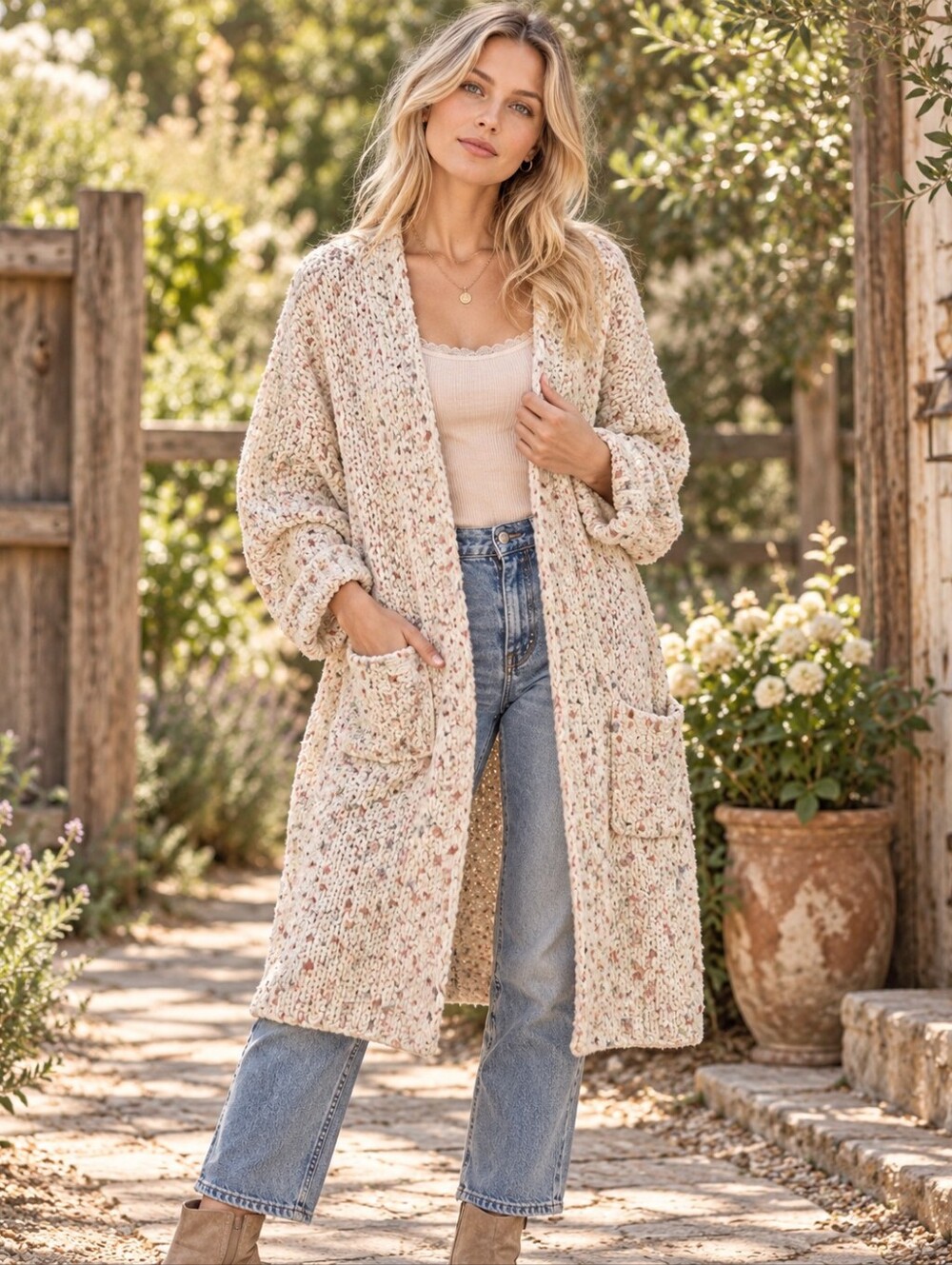 POL Size L Cream Confetti Knit Oversized Long Cardigan Pockets